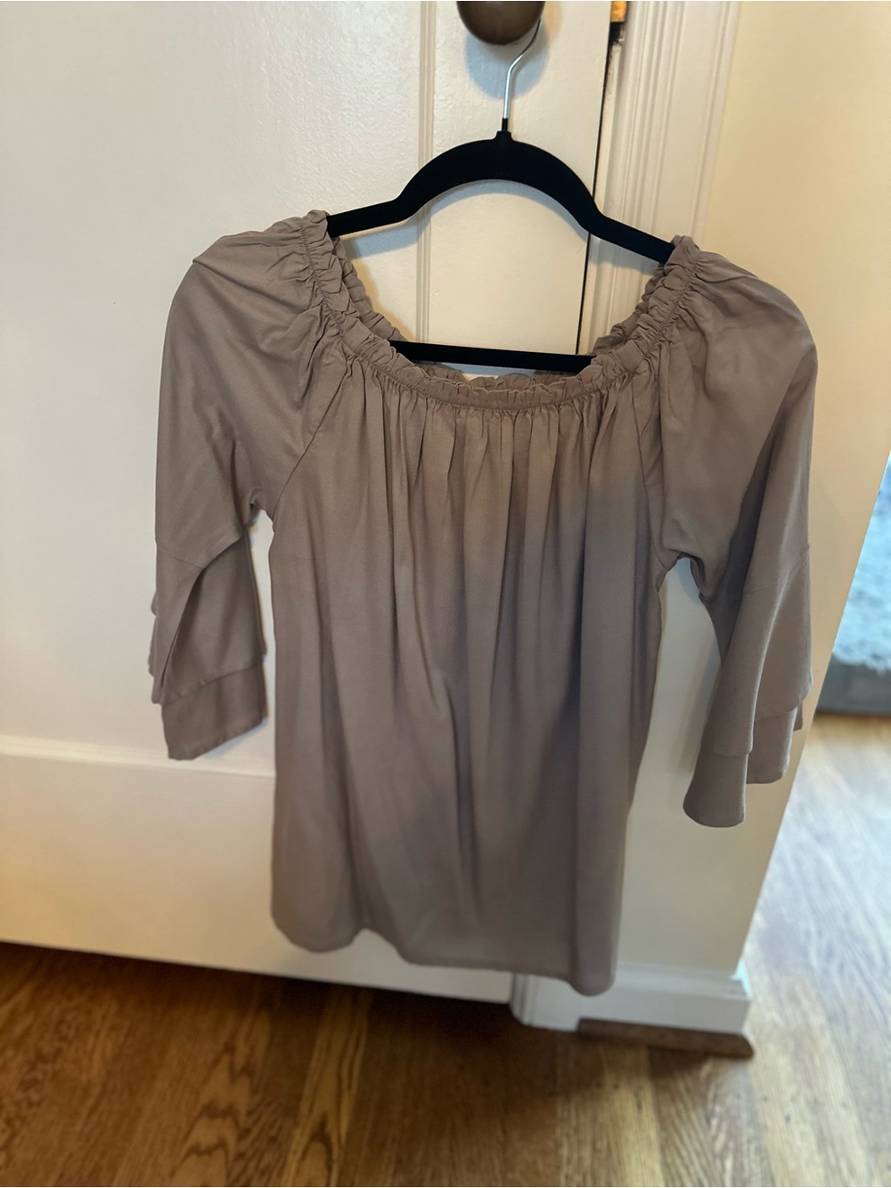 Off-Shoulder Taupe Blouse with 3/4 Sleeves